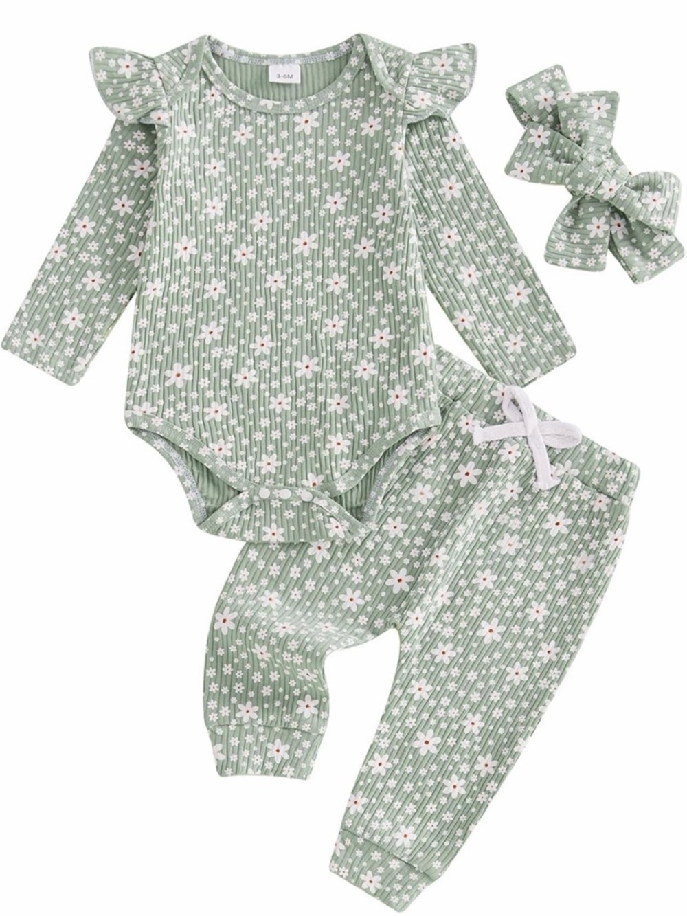 Green Floral Baby Girl 3-Piece Outfit with Bow